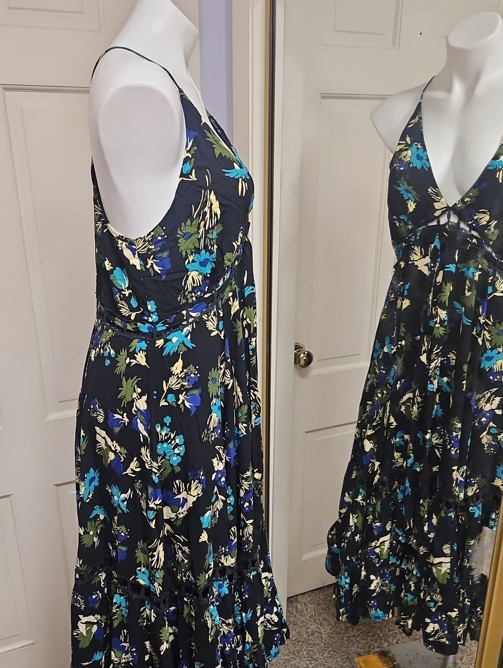 Free People Black Floral Backless Maxi Dress with Blue & Cream Accents - Picture 4 of 14